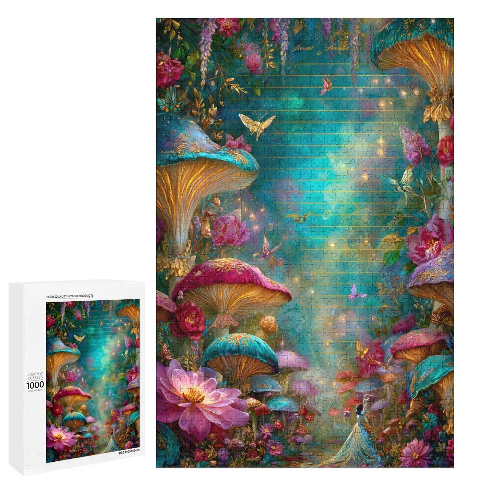 Iridescent Mushrooms and butterflies Wooden Puzzle