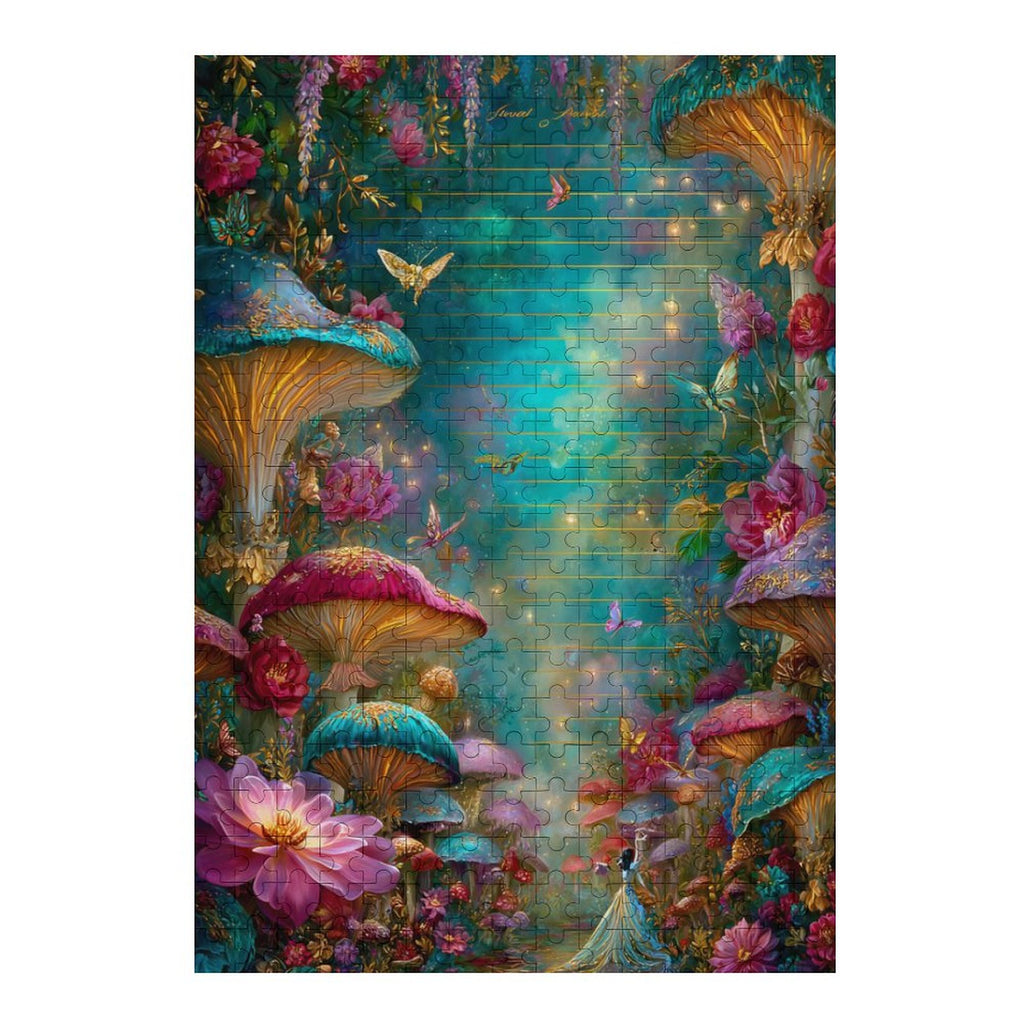Iridescent Mushrooms and butterflies Wooden Puzzle
