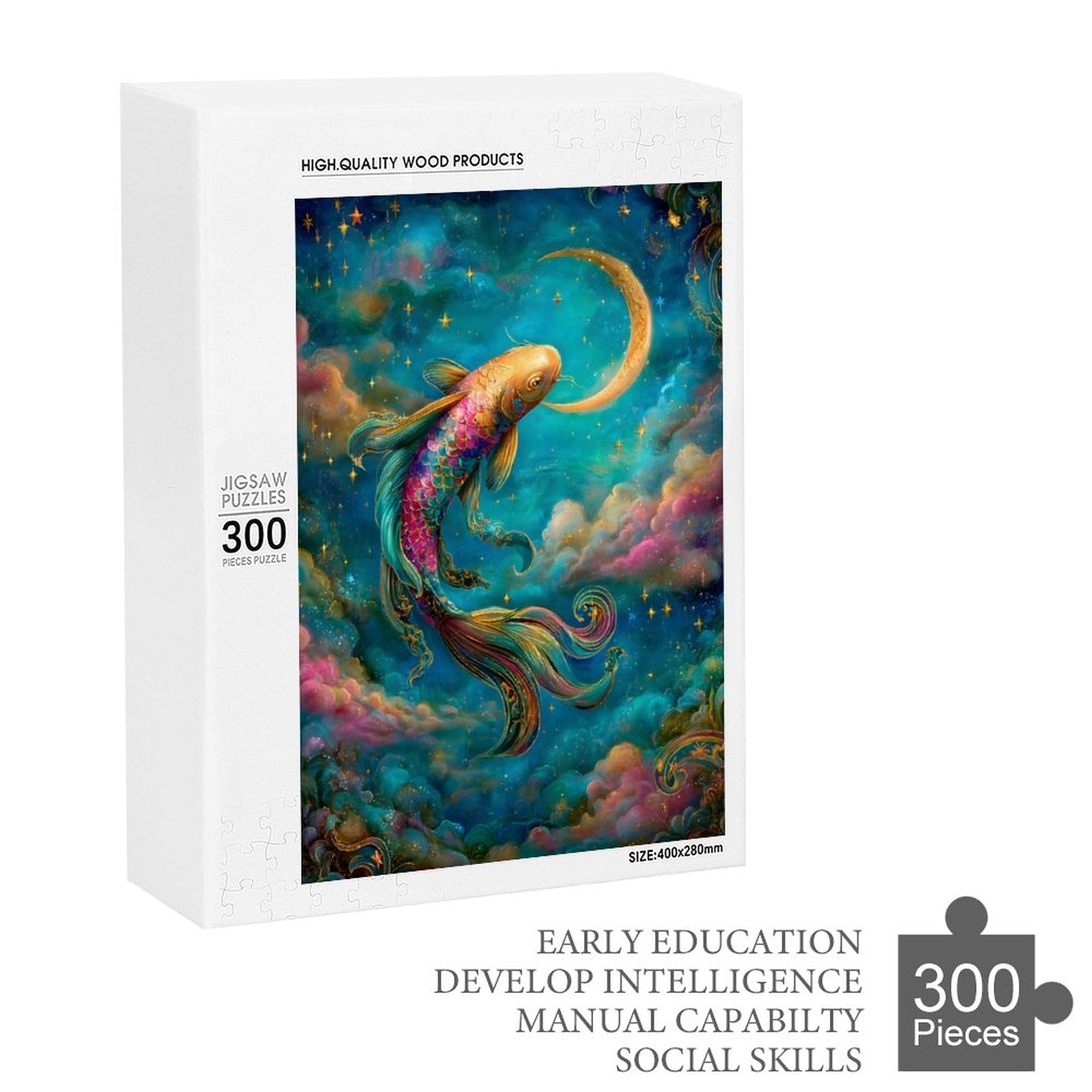 Iridescent Koi and Crescent Wooden Puzzle