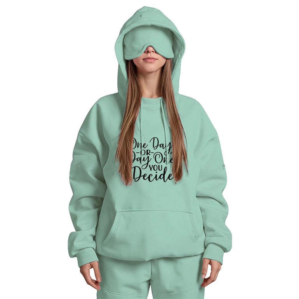 One Day or Day One Women's Travel Nap Hoodie with Built-in Eye Mask