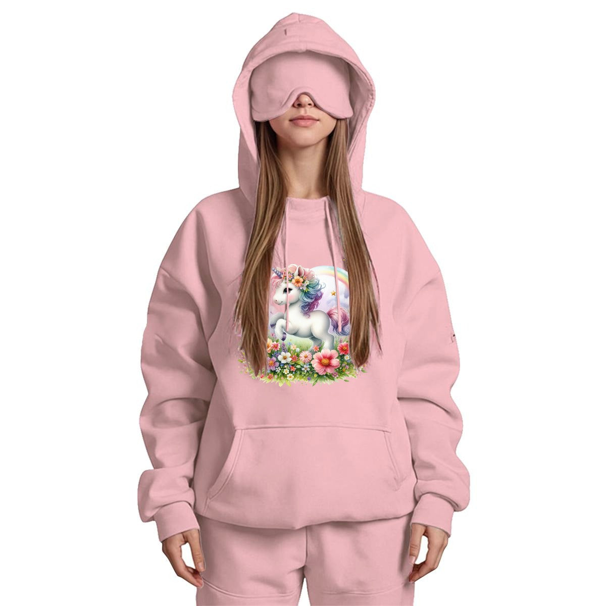 Unicorn butterfly and rainbow Women's Travel Nap Hoodie with Built-in Eye Mask