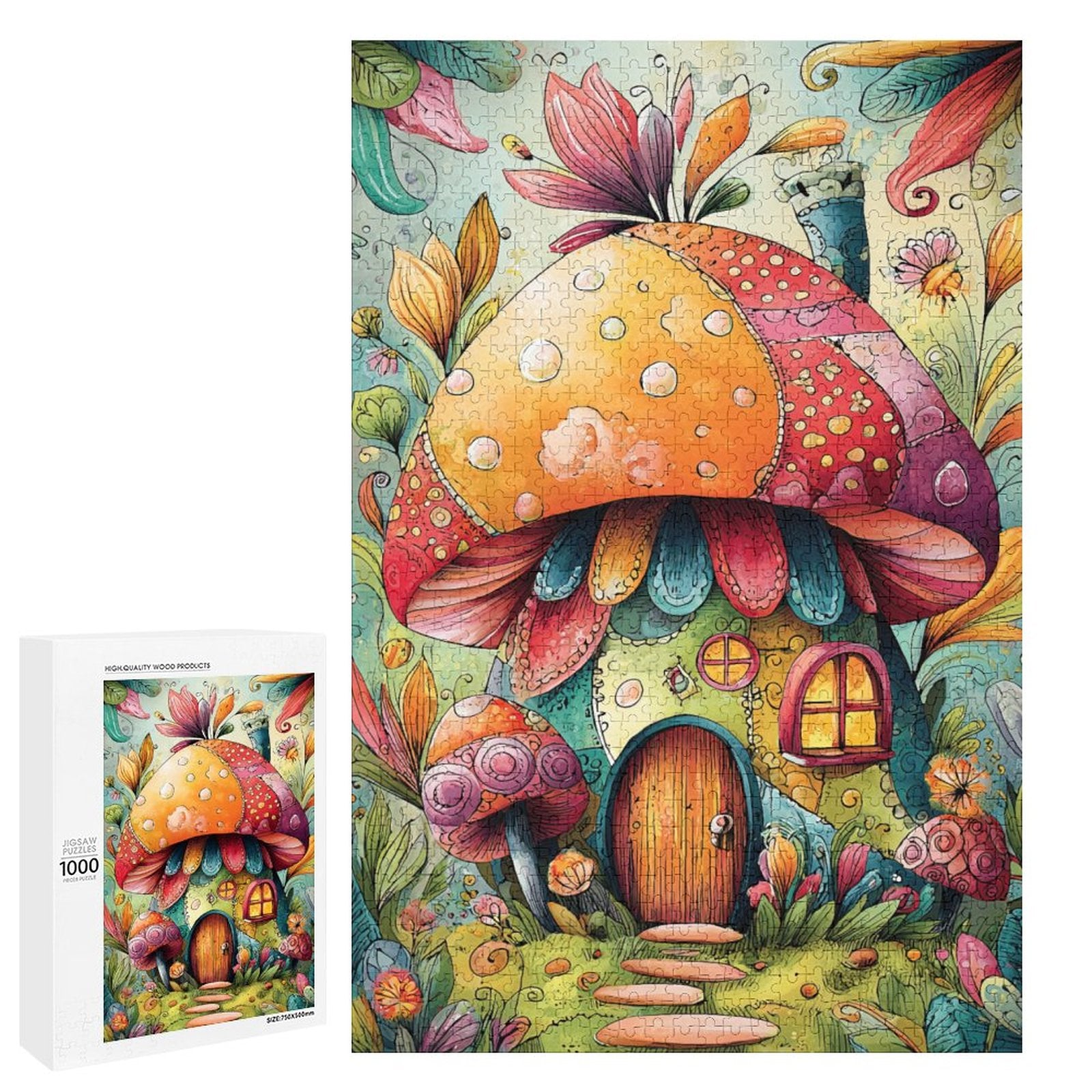 Colorful Big Mushroom House Wooden Puzzle