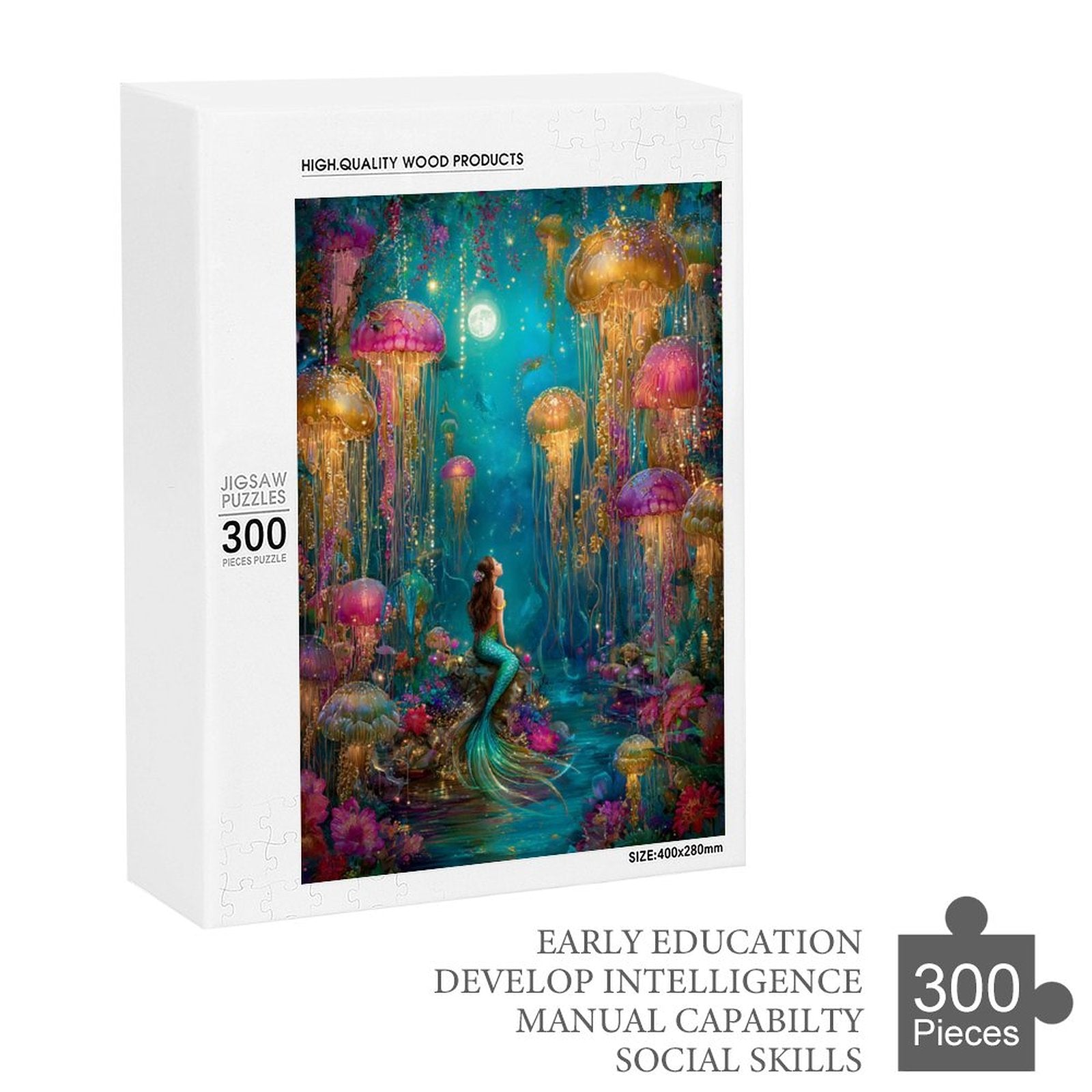 Iridescent mermaid and jelly fish Wooden Puzzle
