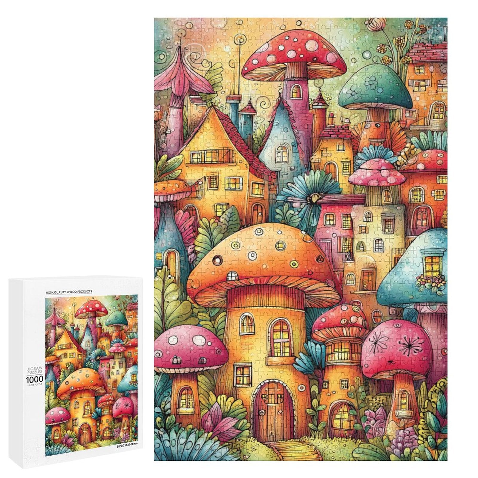 Colorful mushroom houses Wooden Puzzle