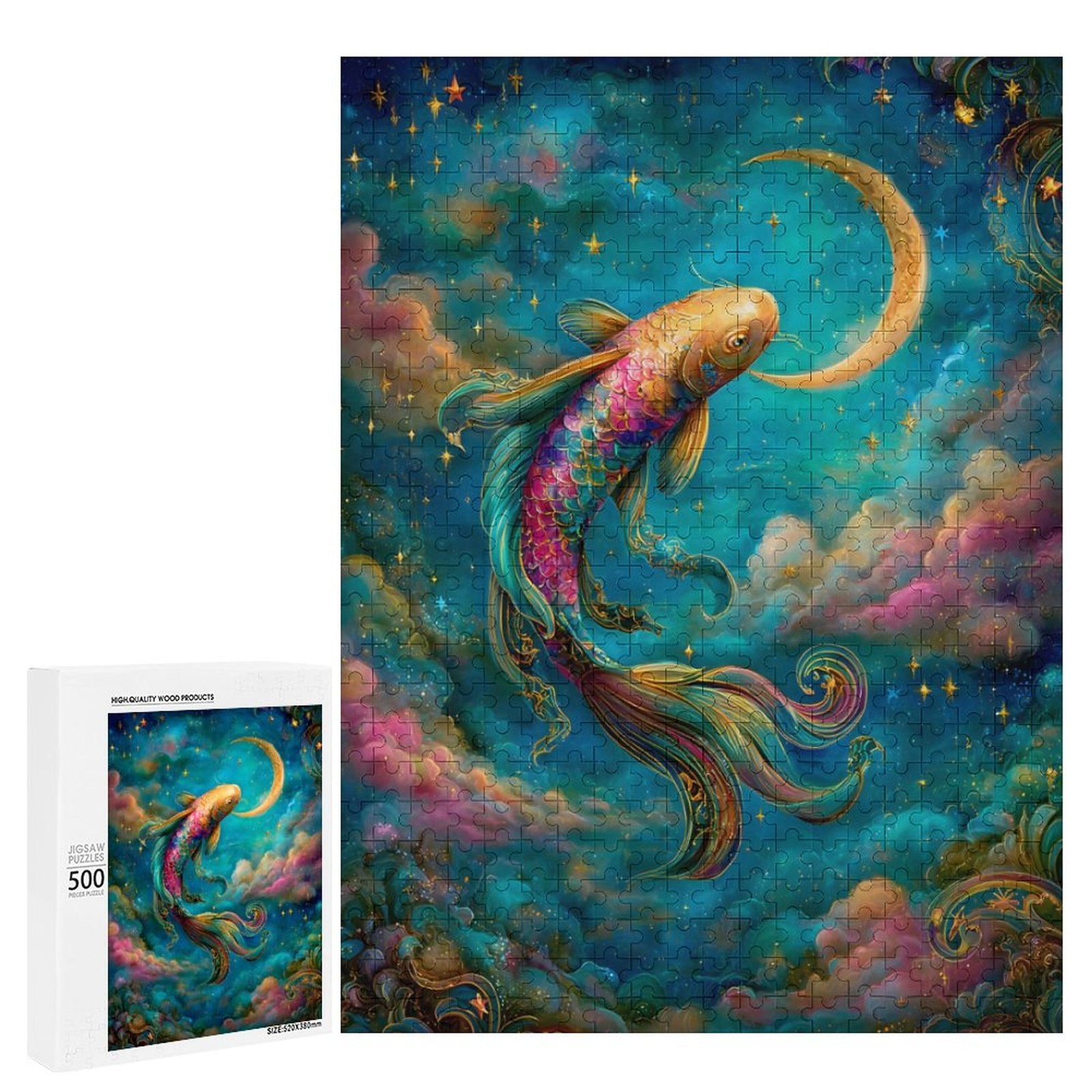 Iridescent Koi and Crescent Wooden Puzzle