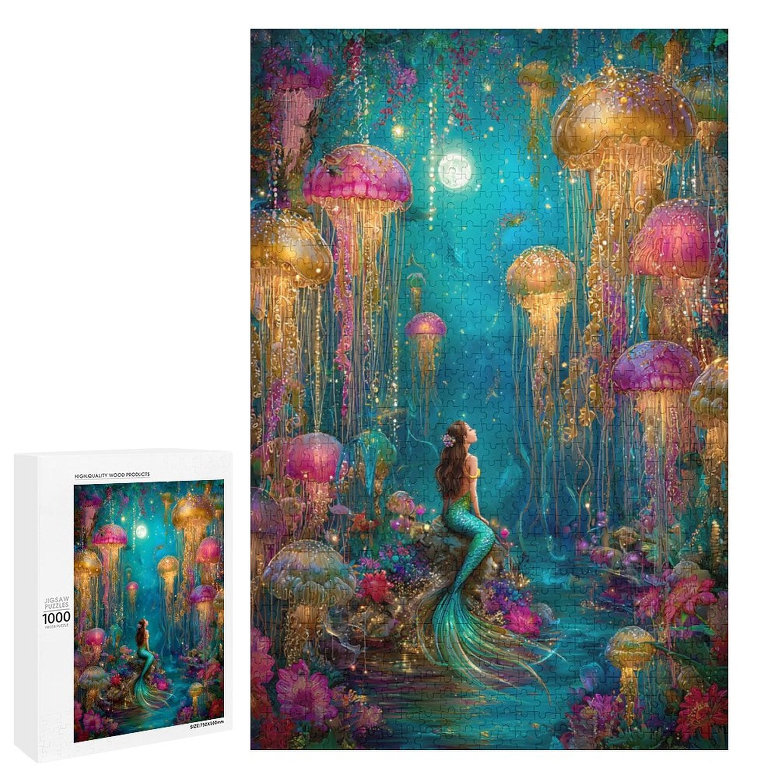 Iridescent mermaid and jelly fish Wooden Puzzle