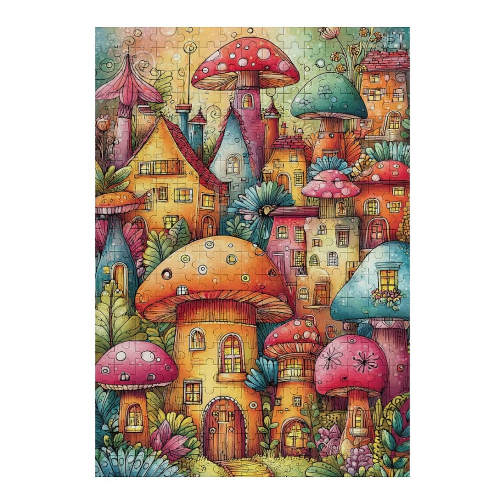 Colorful mushroom houses Wooden Puzzle