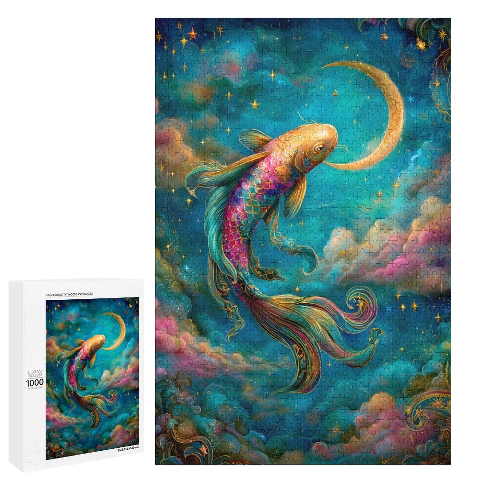 Iridescent Koi and Crescent Wooden Puzzle