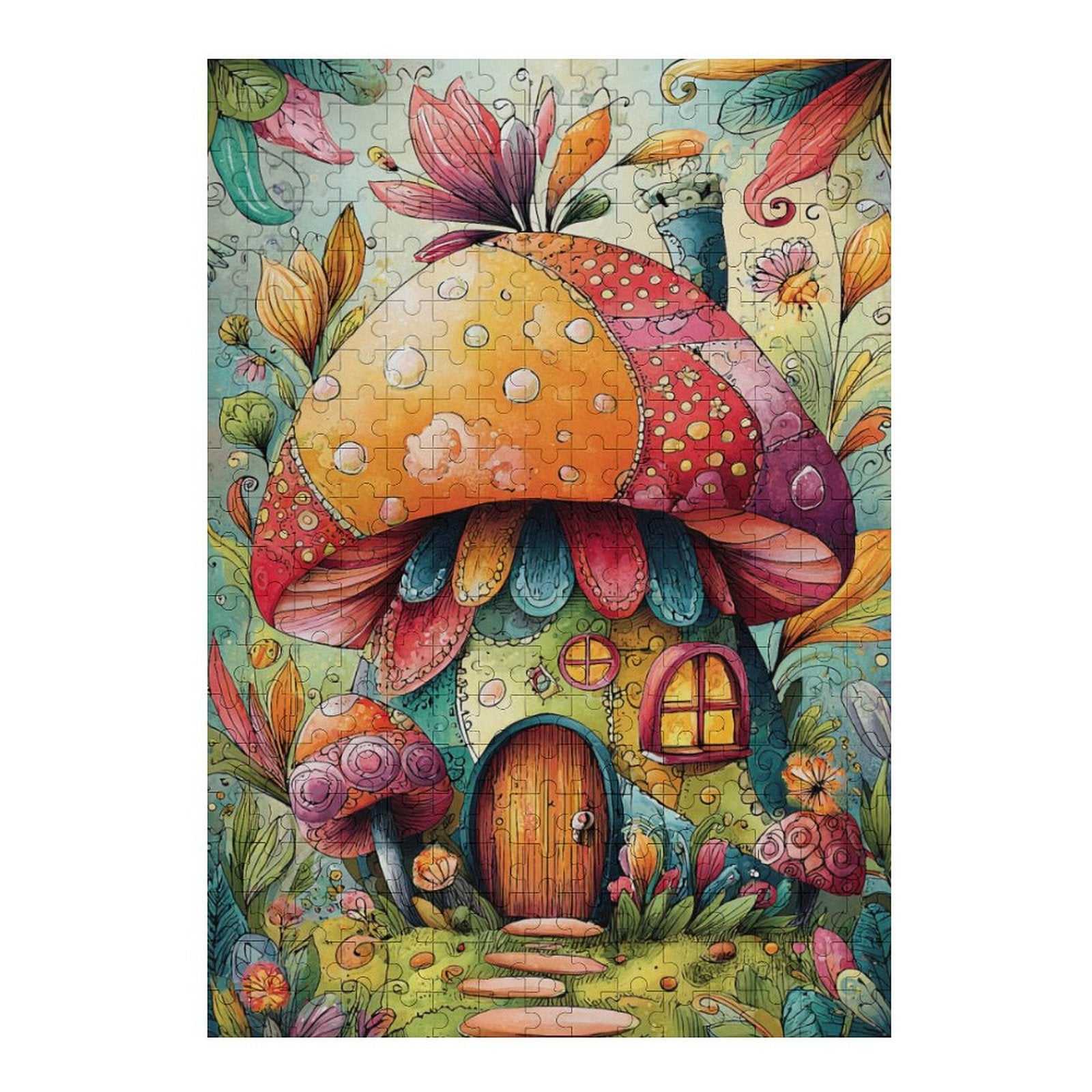 Colorful Big Mushroom House Wooden Puzzle