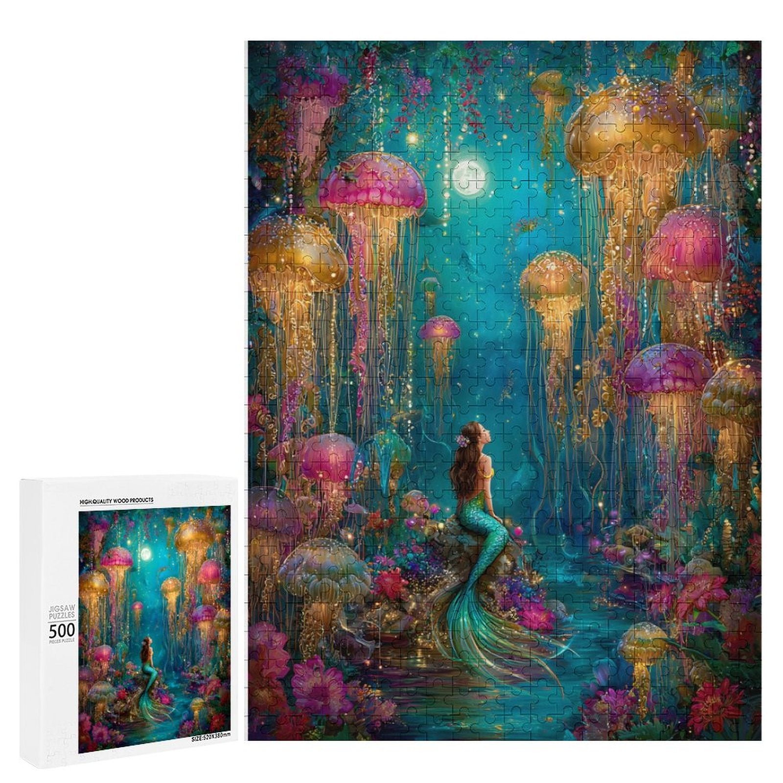 Iridescent mermaid and jelly fish Wooden Puzzle