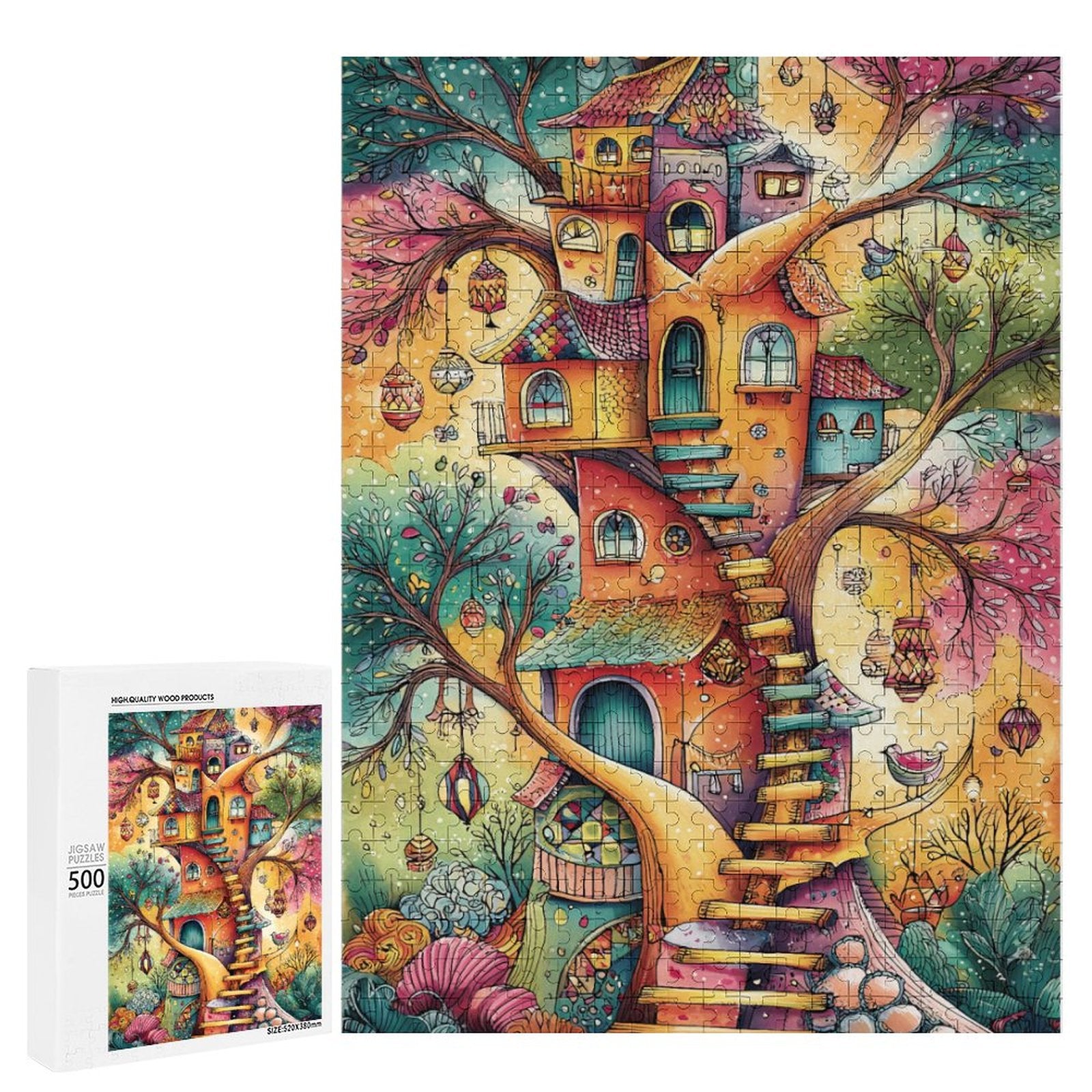 Colorful Treehouse and lantern Wooden Puzzle