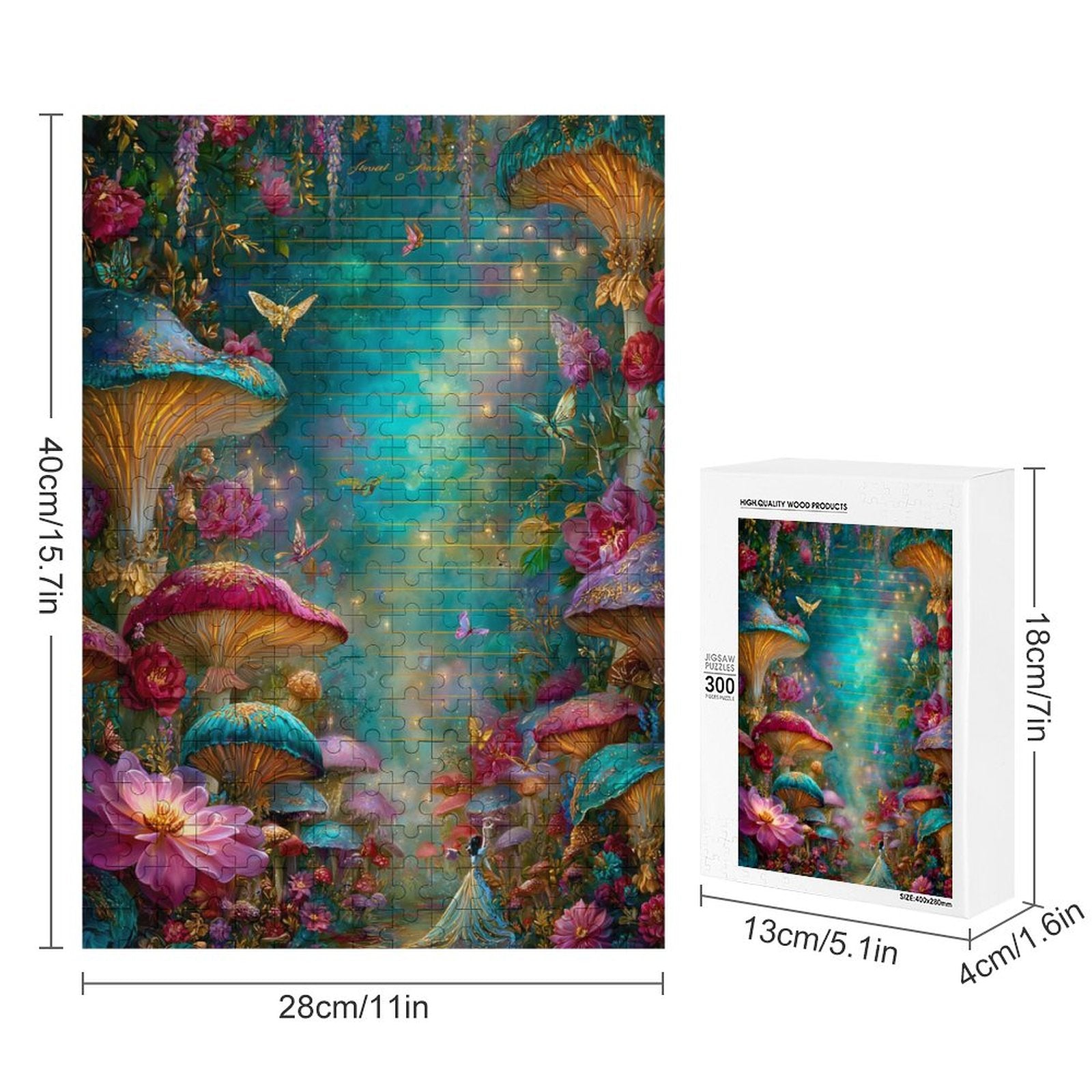 Iridescent Mushrooms and butterflies Wooden Puzzle