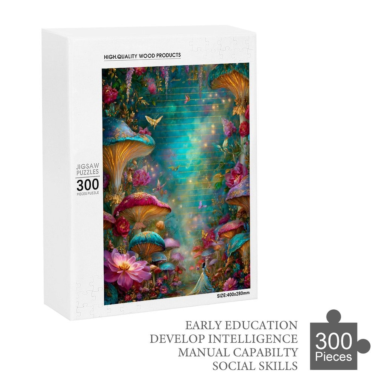 Iridescent Mushrooms and butterflies Wooden Puzzle
