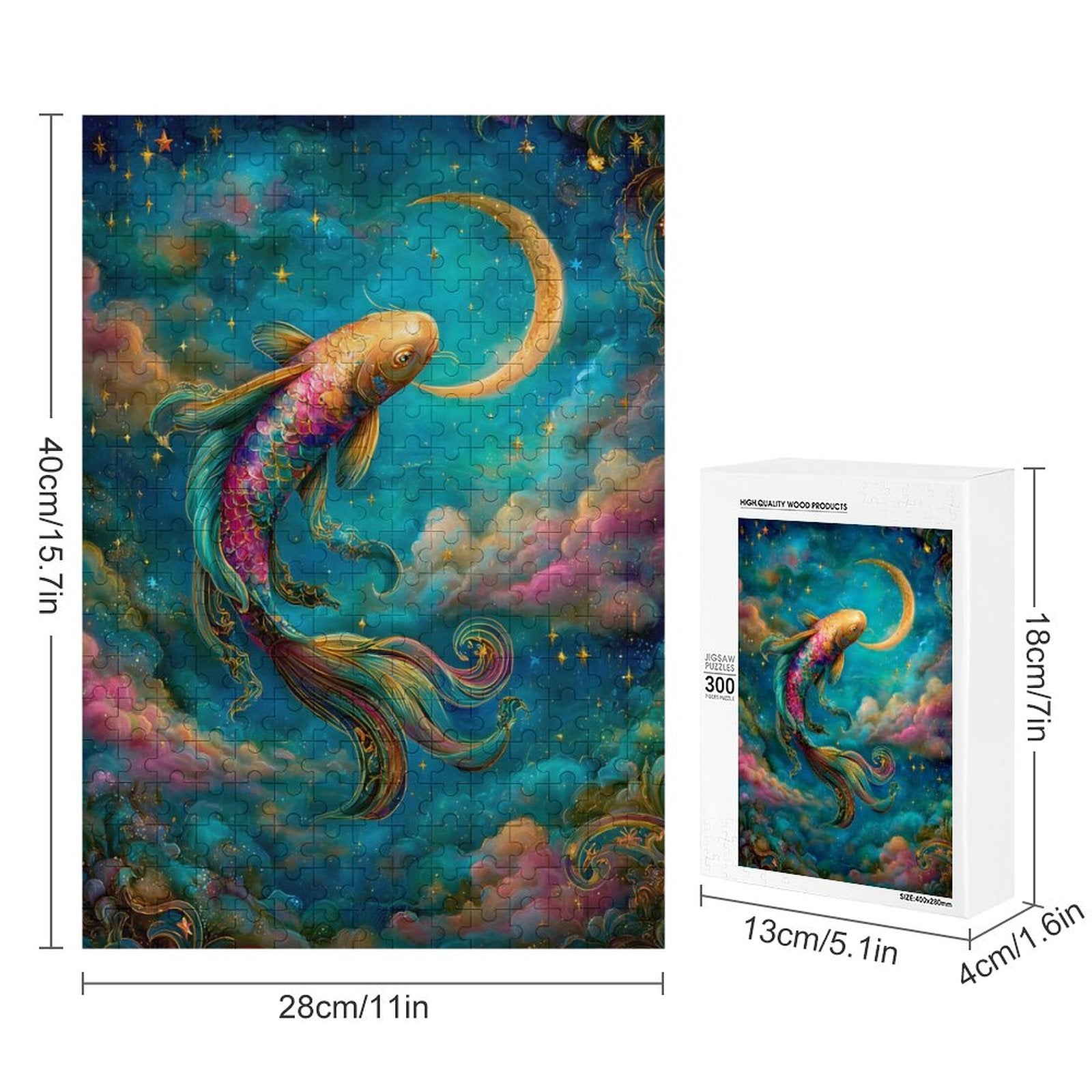 Iridescent Koi and Crescent Wooden Puzzle