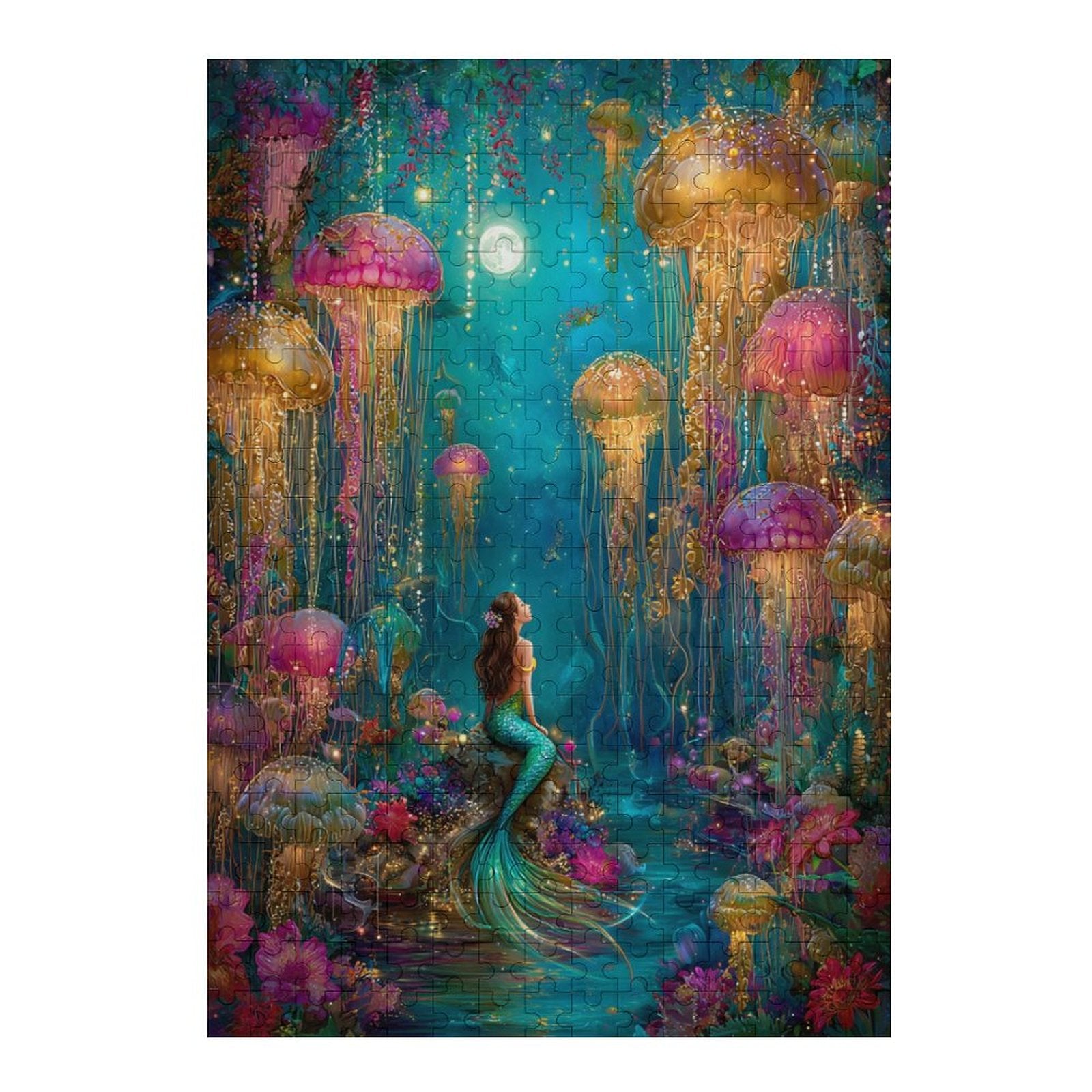 Iridescent mermaid and jelly fish Wooden Puzzle
