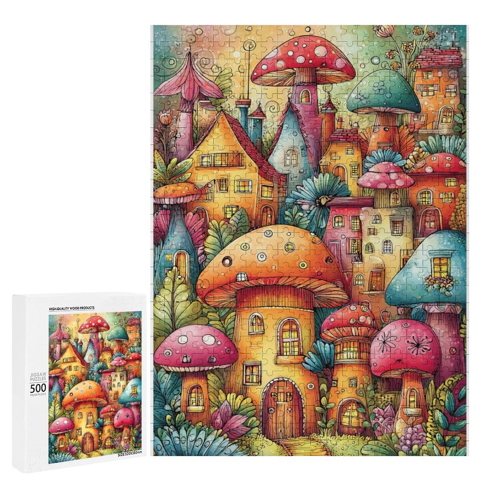 Colorful mushroom houses Wooden Puzzle
