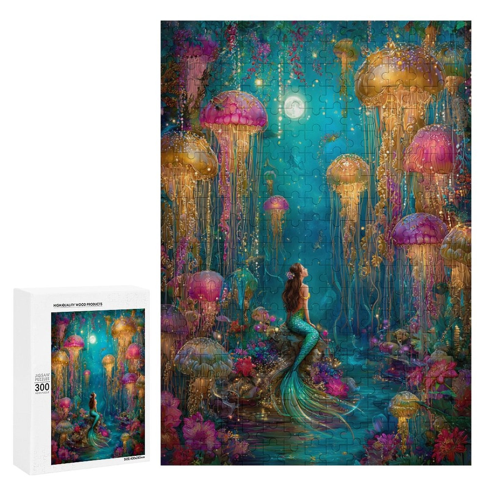 Iridescent mermaid and jelly fish Wooden Puzzle