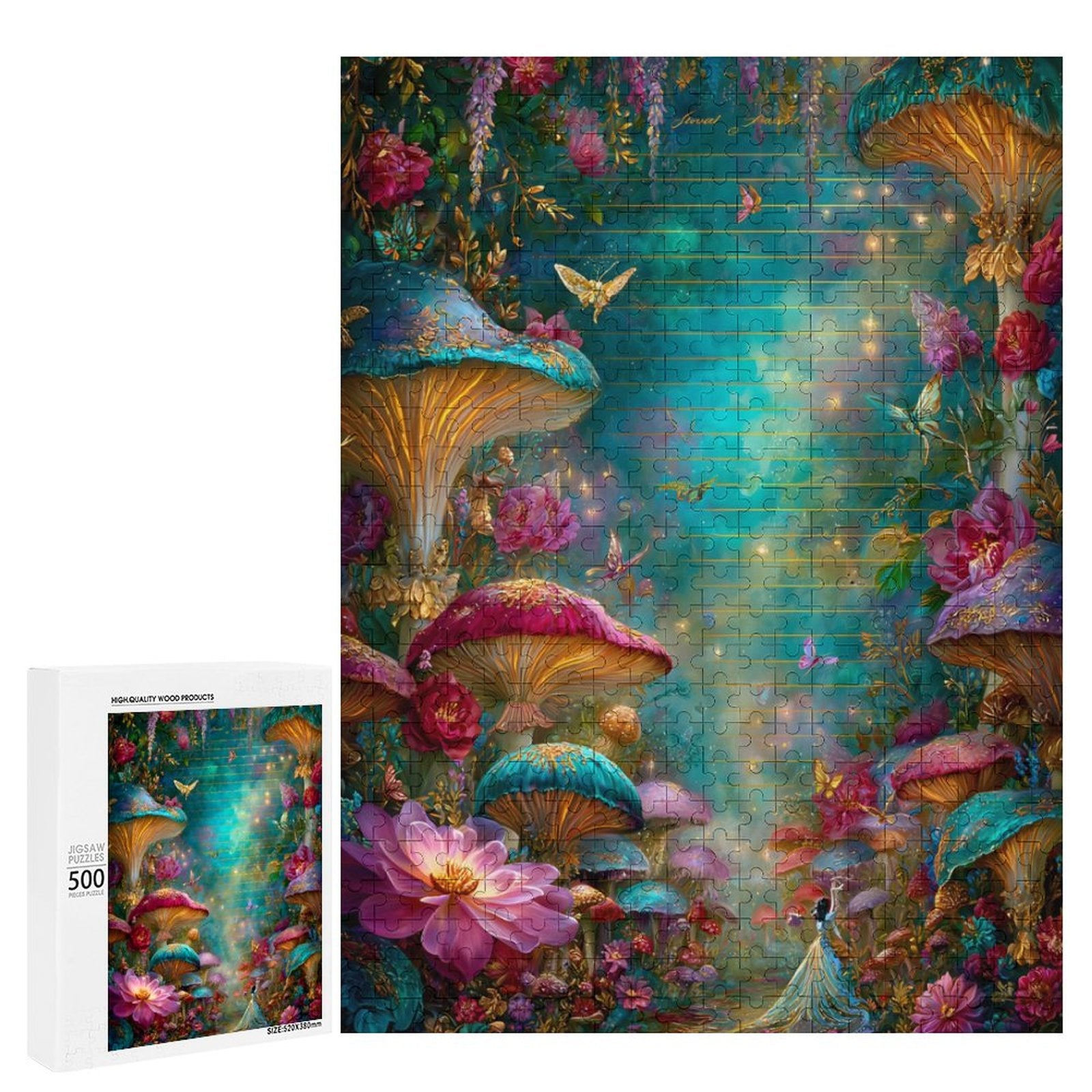 Iridescent Mushrooms and butterflies Wooden Puzzle