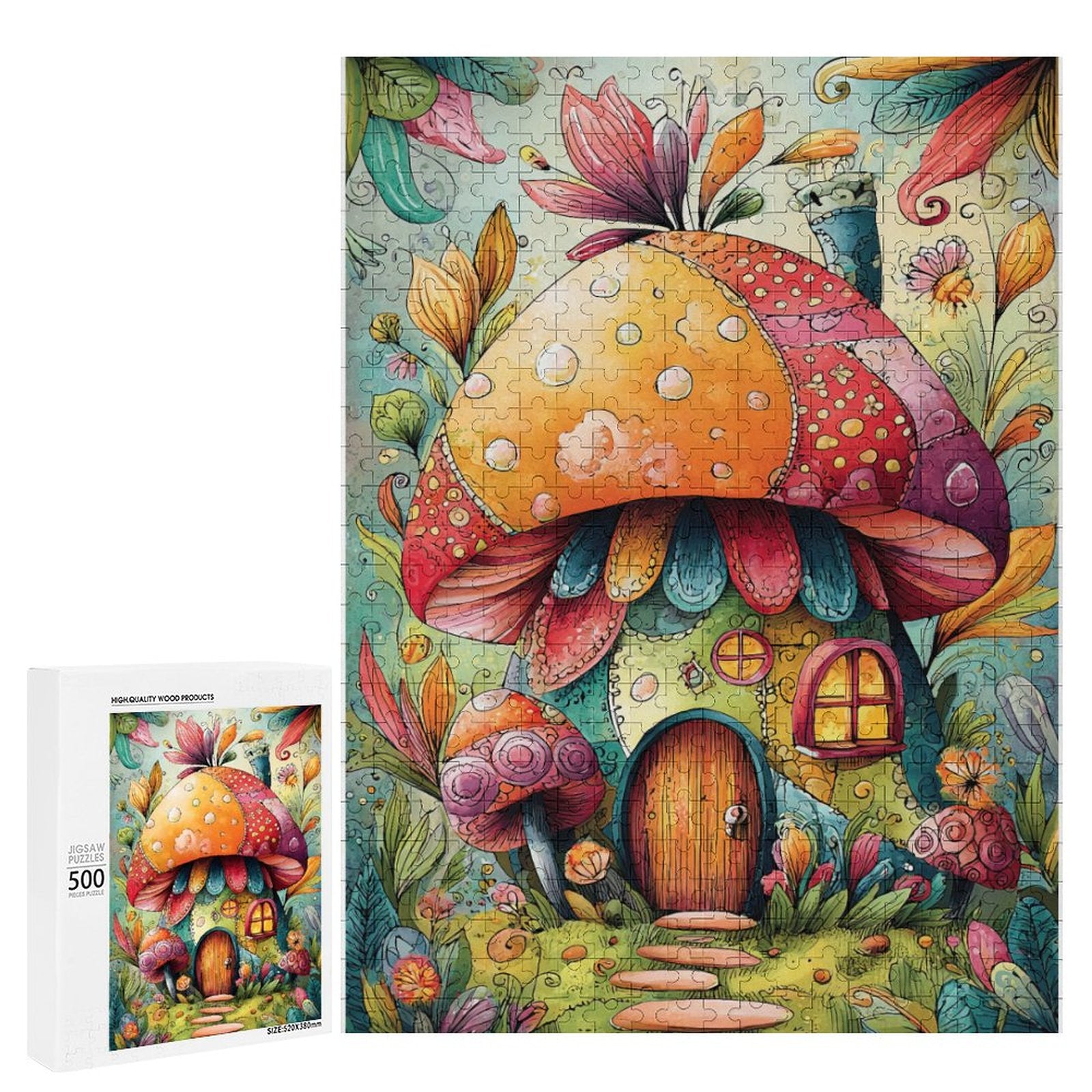 Colorful Big Mushroom House Wooden Puzzle